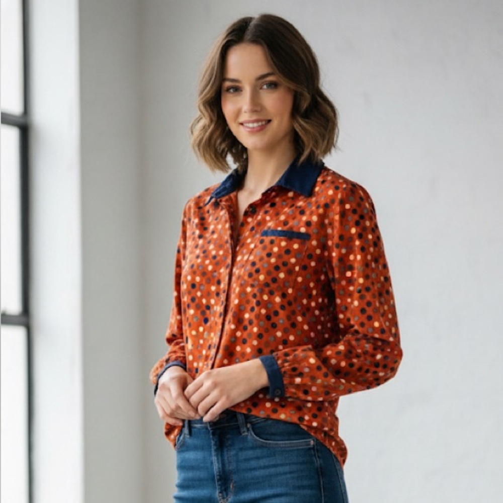 TULLE Burnt Orange Polka Dot Button Down Top